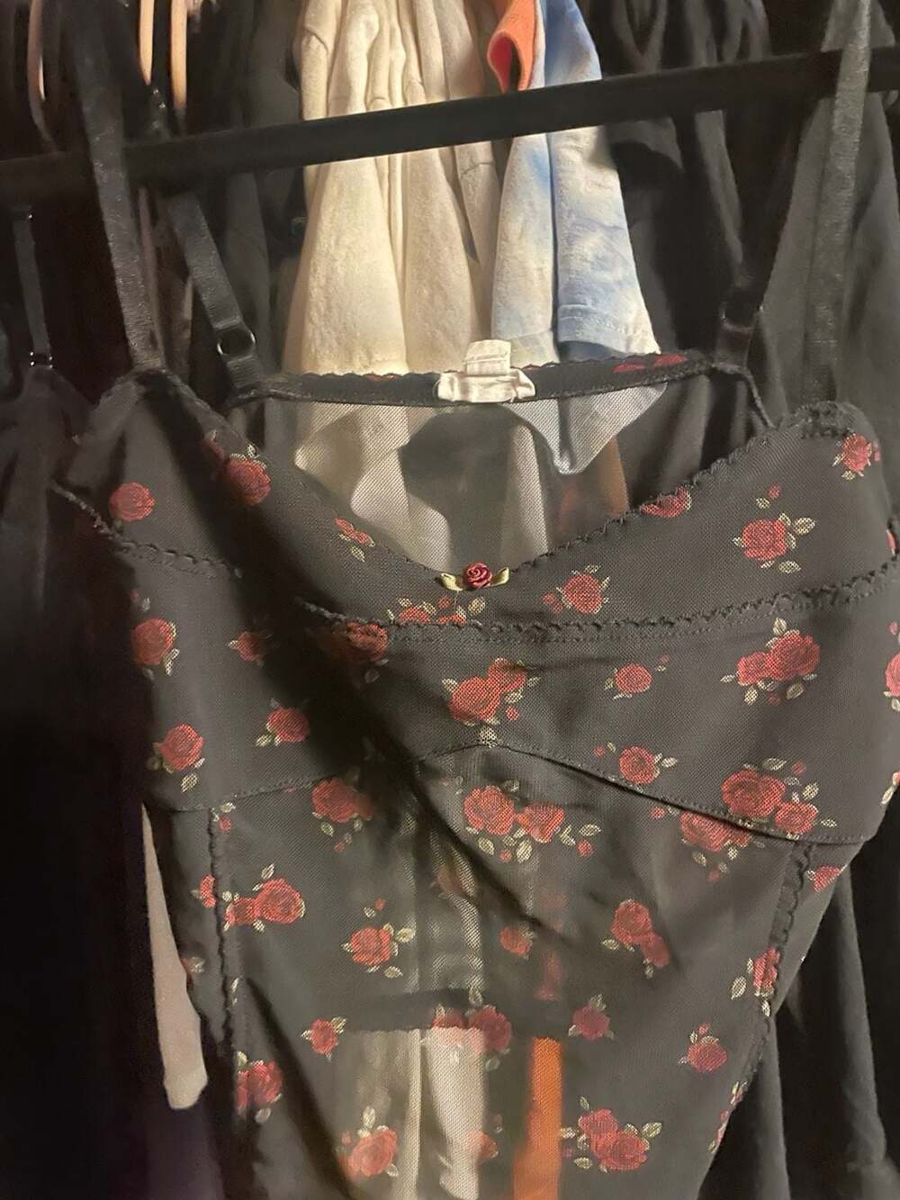 Garage Black Rose Print Mesh Corset Cami Top with Rose Detail Size M